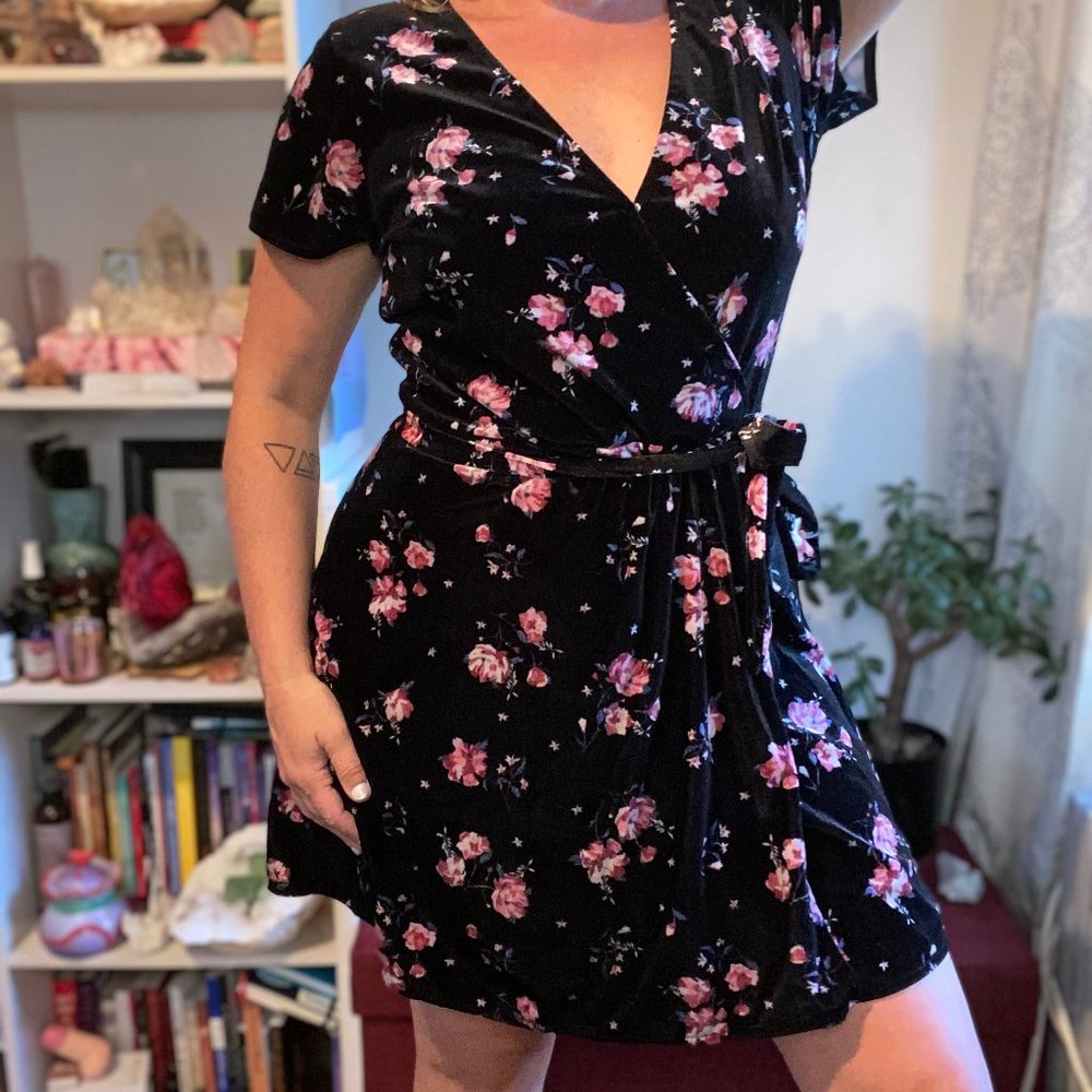 Black Velvet Wrap Dress with Pink Floral Design